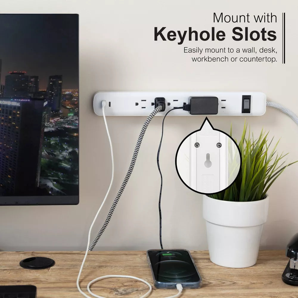 6-Outlet Power Strip with USB-A & USB-C Ports and 6ft Braided Flat Plug Cord
