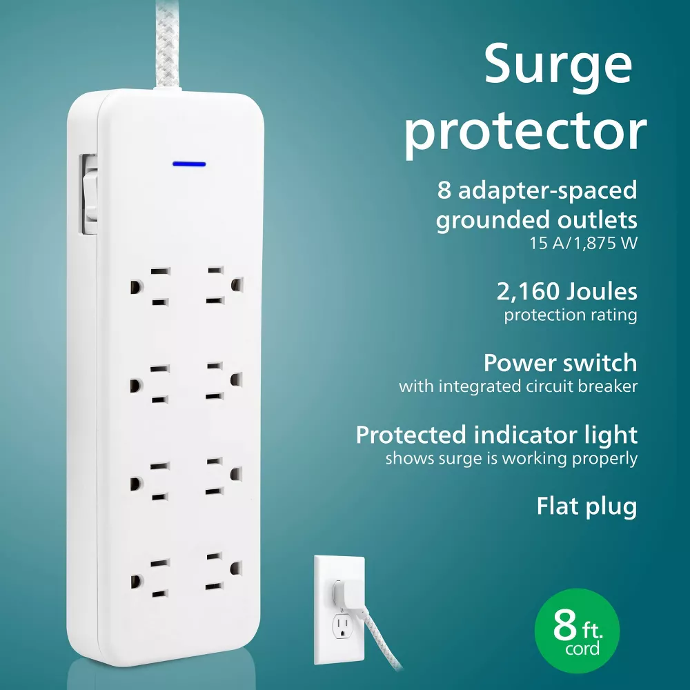 8-Outlet Surge Protector Power Strip with 8ft Braided Extension Cord