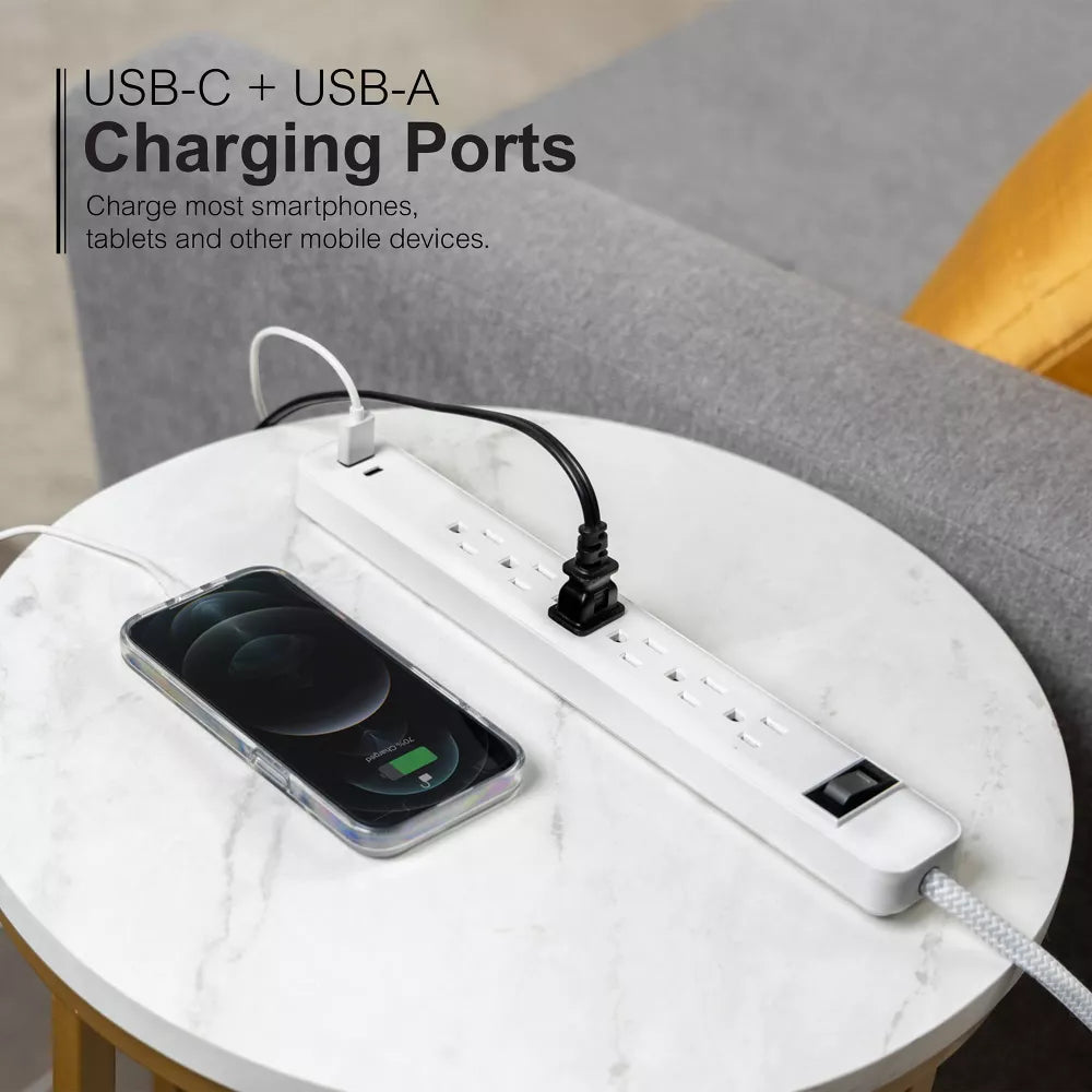 6-Outlet Power Strip with USB-A & USB-C Ports and 6ft Braided Flat Plug Cord